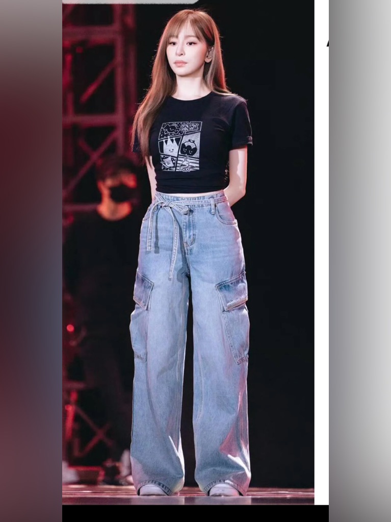 Korea Style Jeans Cargo Wide Leg High Womenâs Size 28 Blue Relaxed Fit Pockets